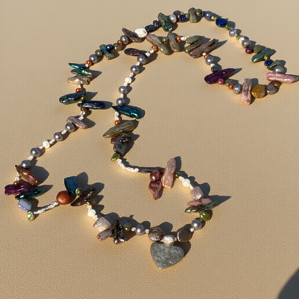 Stick Pearl Necklace<span>One-of-a-kind, Freshwater Pearl, Stone & Pure Silver Pendant</span>