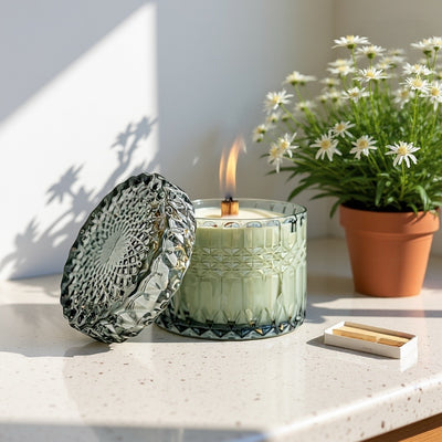 Photo: coconut apricot wax candle with flame