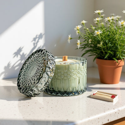 Photo: coconut apricot wax candle sitting on countertop
