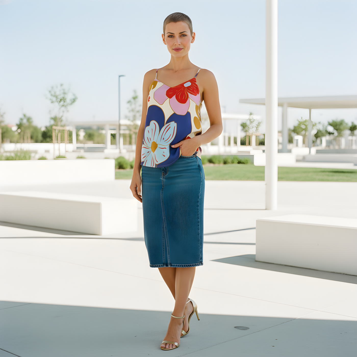 Bold Bloom Shirt-tail Cami<span>Large Floral on Cream, Silk Charmeuse</span>