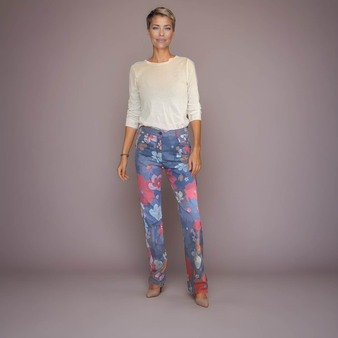 Straight-leg Jeans<span>Dk Blue Floral on Cotton Tencel Twill</span>