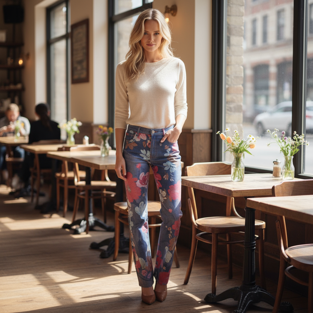 Straight-leg Jeans<span>Dk Blue Floral on Cotton Tencel Twill</span>