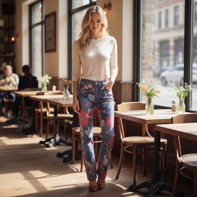 Straight-leg Jeans<span>Dk Blue Floral on Cotton Tencel Twill</span>