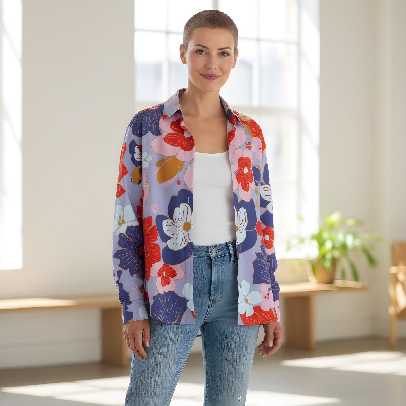 Bold Bloom Oversized Shirt<span>Large Floral on Periwinkle, Linen</span>