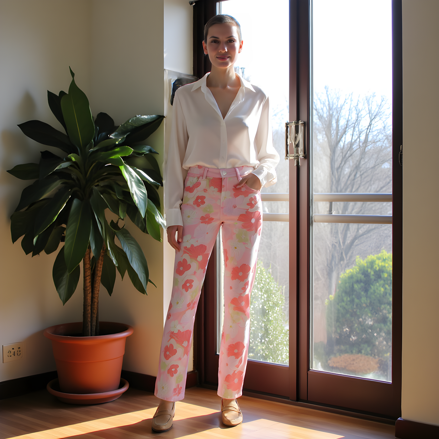 Straight Leg Jeans<span>Pink Floral on Cotton Tencel Twill</span>