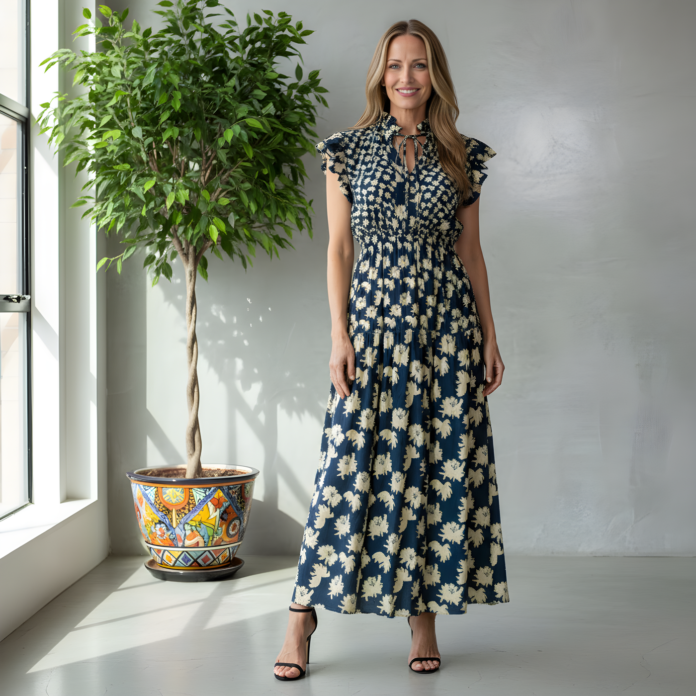 Ruffled Sleeve Maxi<span>Painted Puff Flower on Silk Crepe de Chine</span>