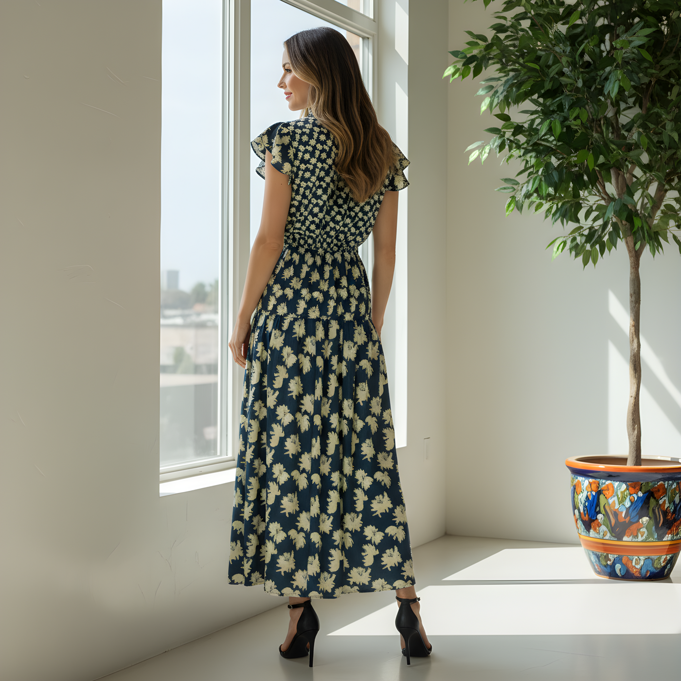 Ruffled Sleeve Maxi<span>Painted Puff Flower on Silk Crepe de Chine</span>