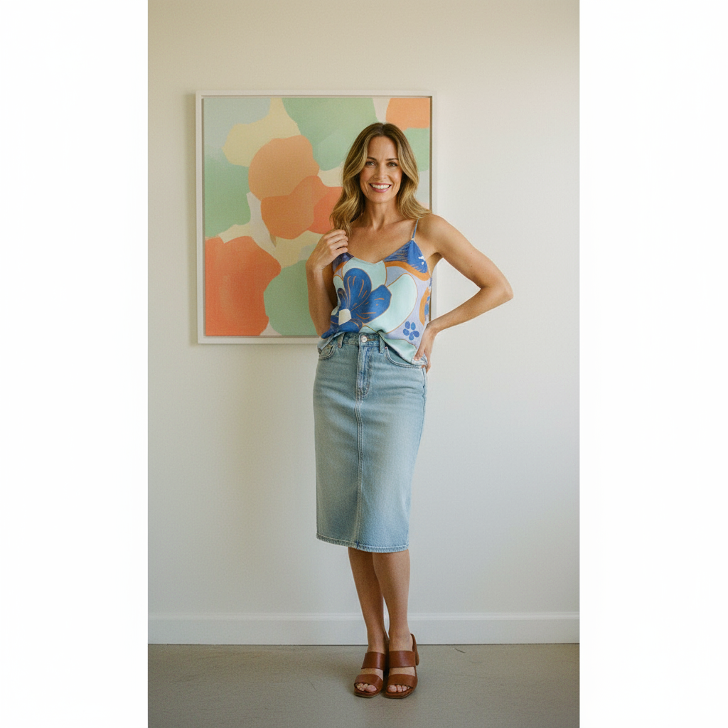 Bold Bloom Shirt-tail Cami<span>Large Floral on Lt Blue, Silk Charmeuse</span>